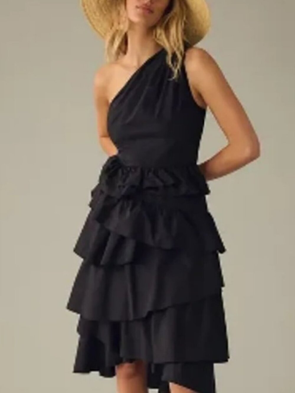 By Anthropologie 100% Cotton One-Shoulder Tiered Midi Dress, Black, Size 4